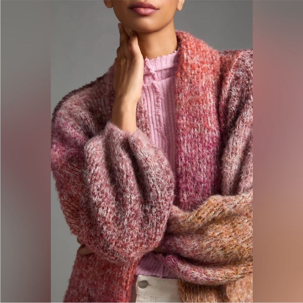 Anthropologie Ombré Knit Duster Blush Pink Sunset Fuzzy Warm One Size NWT - Picture 3 of 14